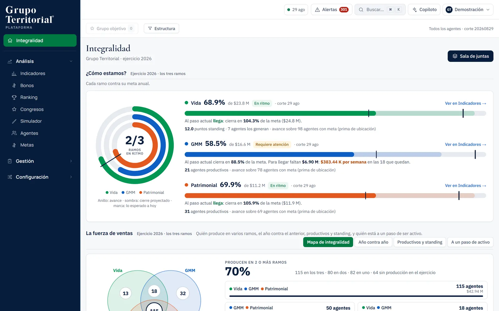 Plataforma de Grupo Territorial: avance de cada ramo contra su meta, con datos ficticios.
