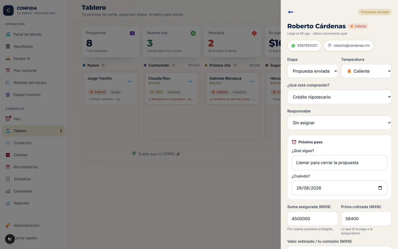 Implementación para CONFIDA con prospectos y seguimiento comercial.