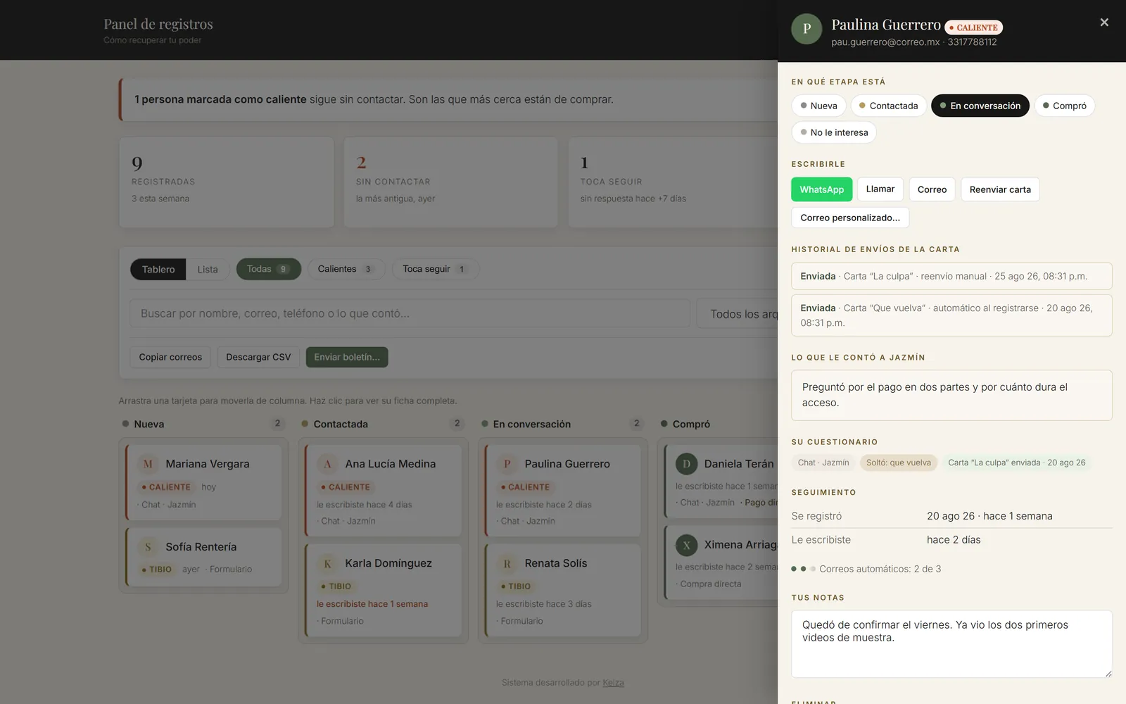 Panel de Recupera tu Poder con personas registradas y seguimiento por etapa.