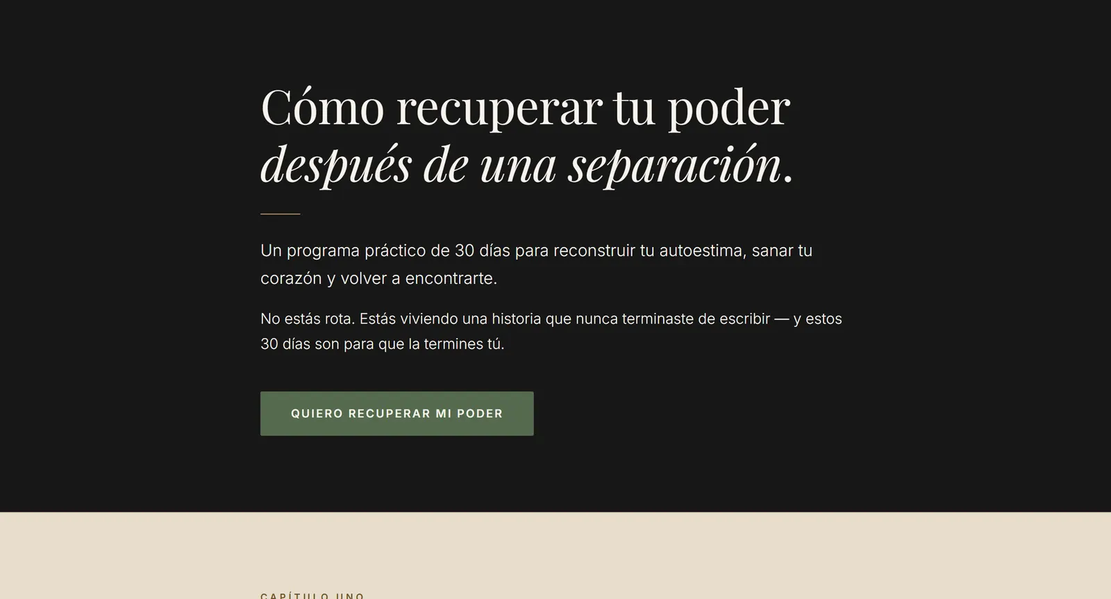Página de Recupera tu Poder: el título «Cómo recuperar tu poder después de una separación» y el botón para empezar el programa de 30 días.